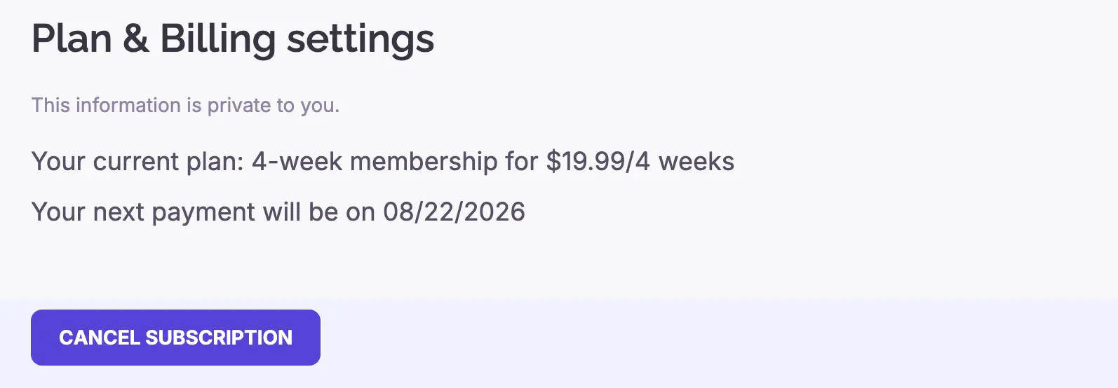 Plan & Billing settings with the ‘Cancel Subscription’ button